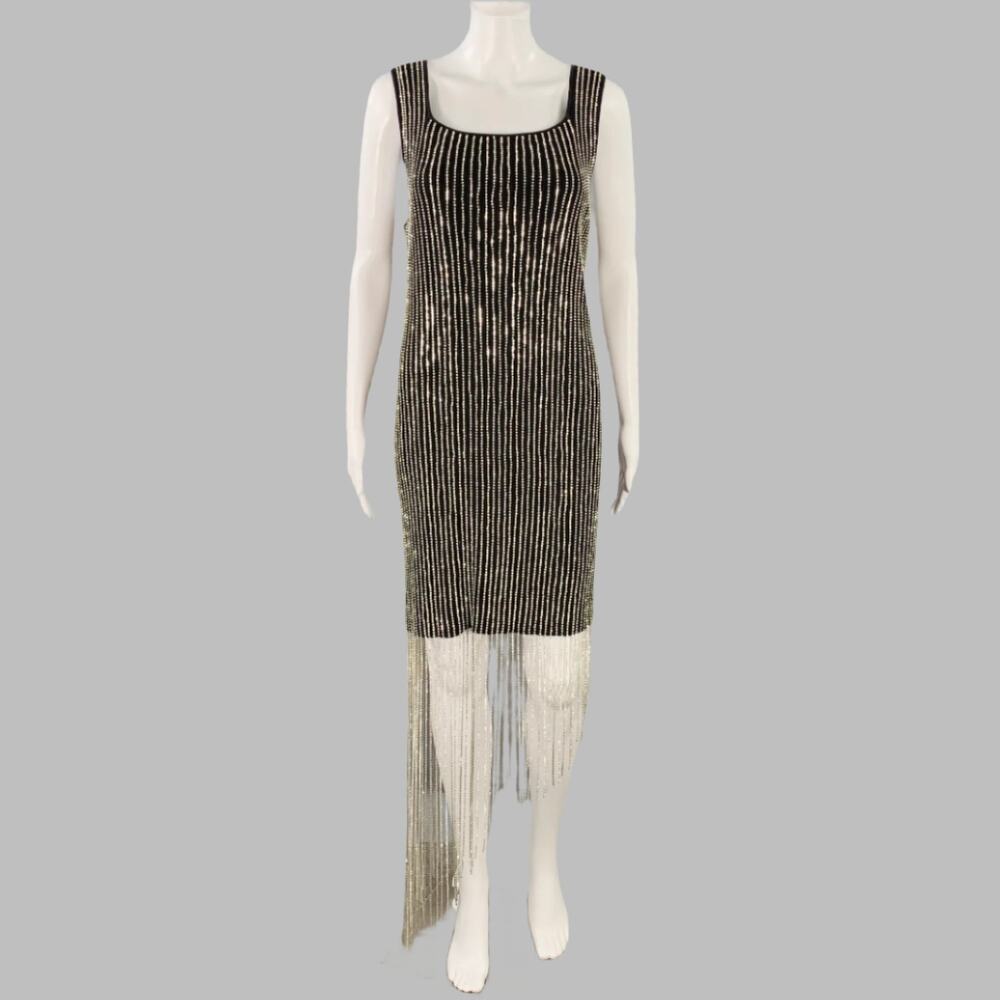 M Asymmetrical Rhinestone Black Silver Cotton Blend Sleeveless Cocktail Dress